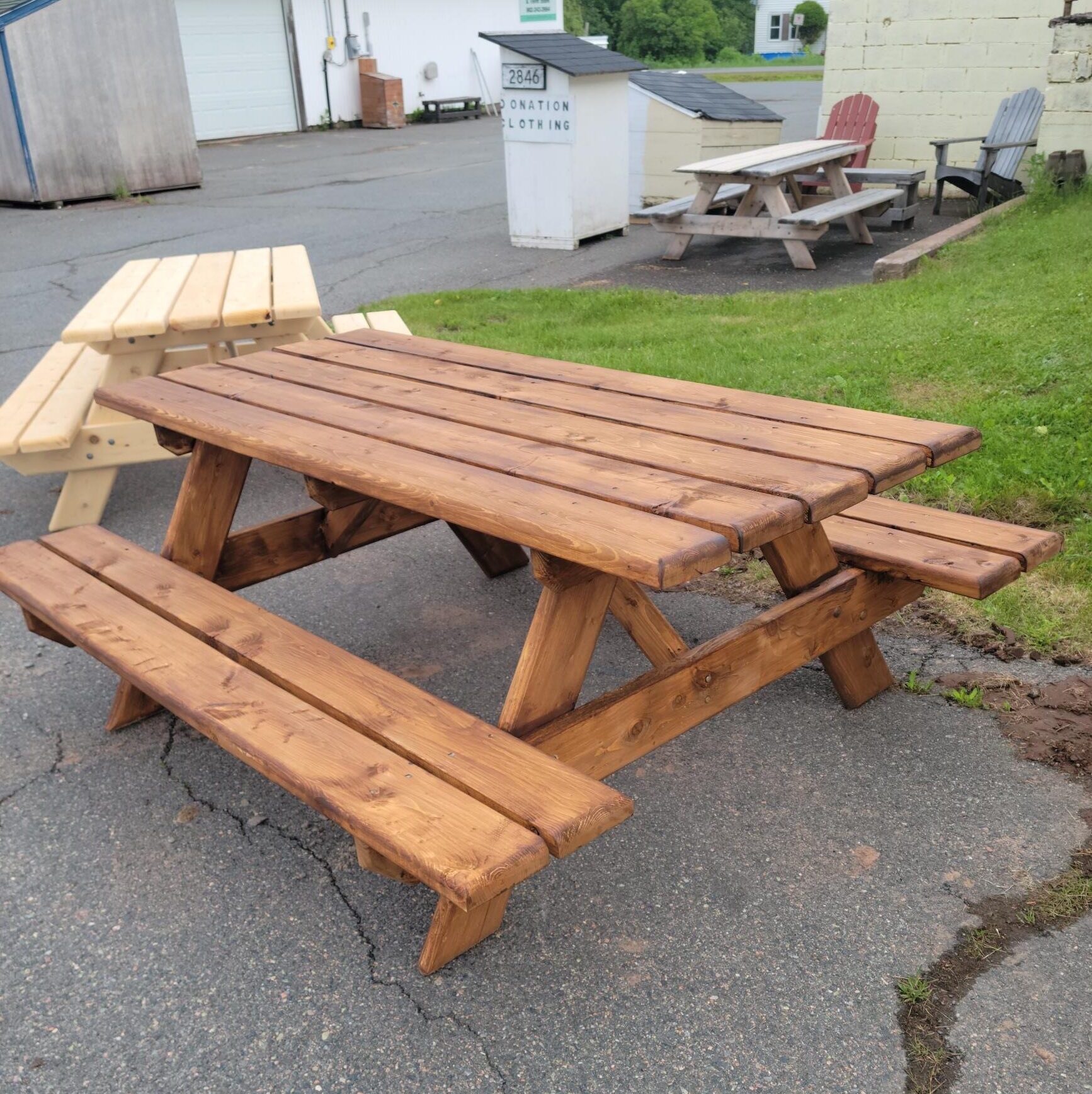 A picnic table stained brown